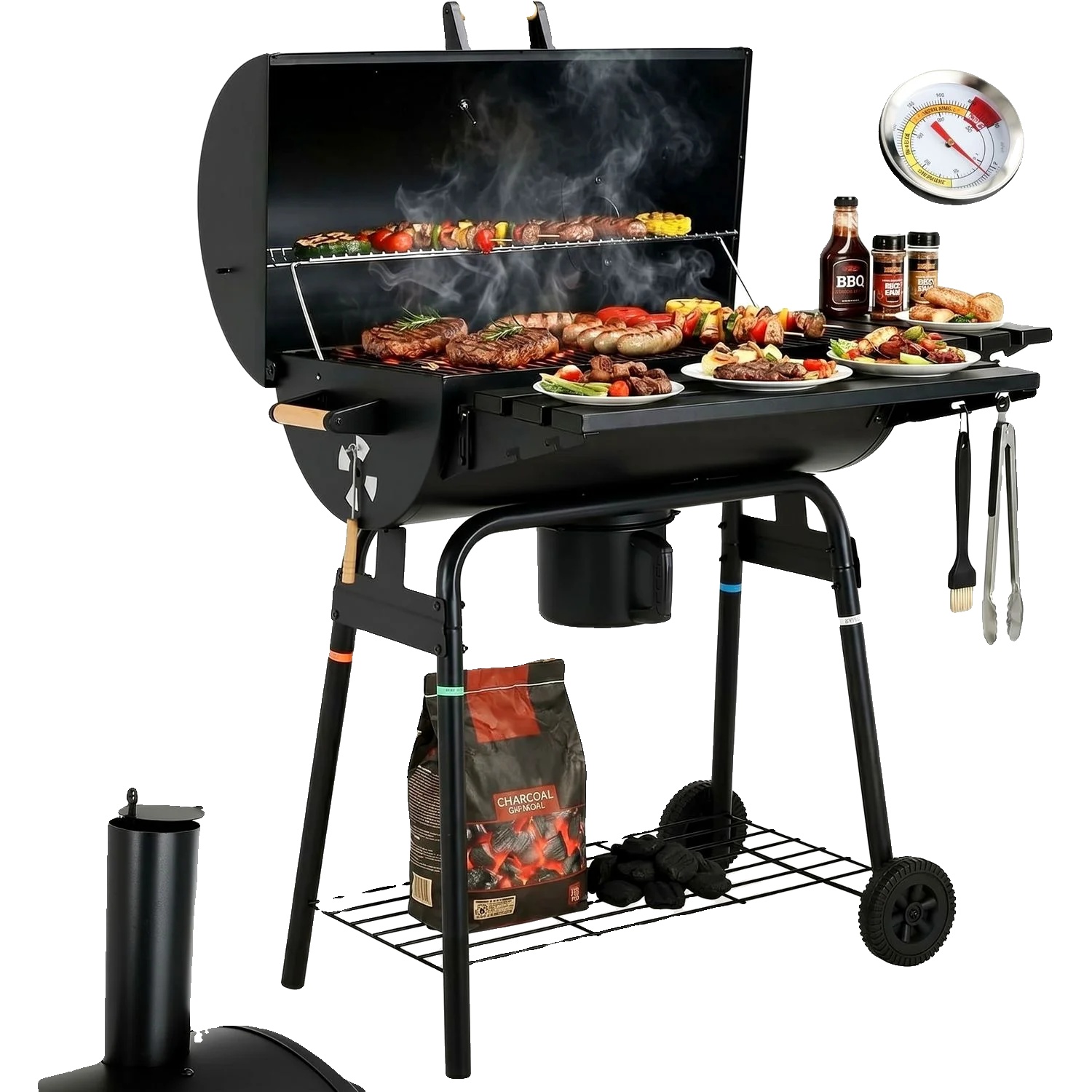 Holzkohlegrill, Eingebautes Thermometer, Klappbare Seitentische, Schwarz
