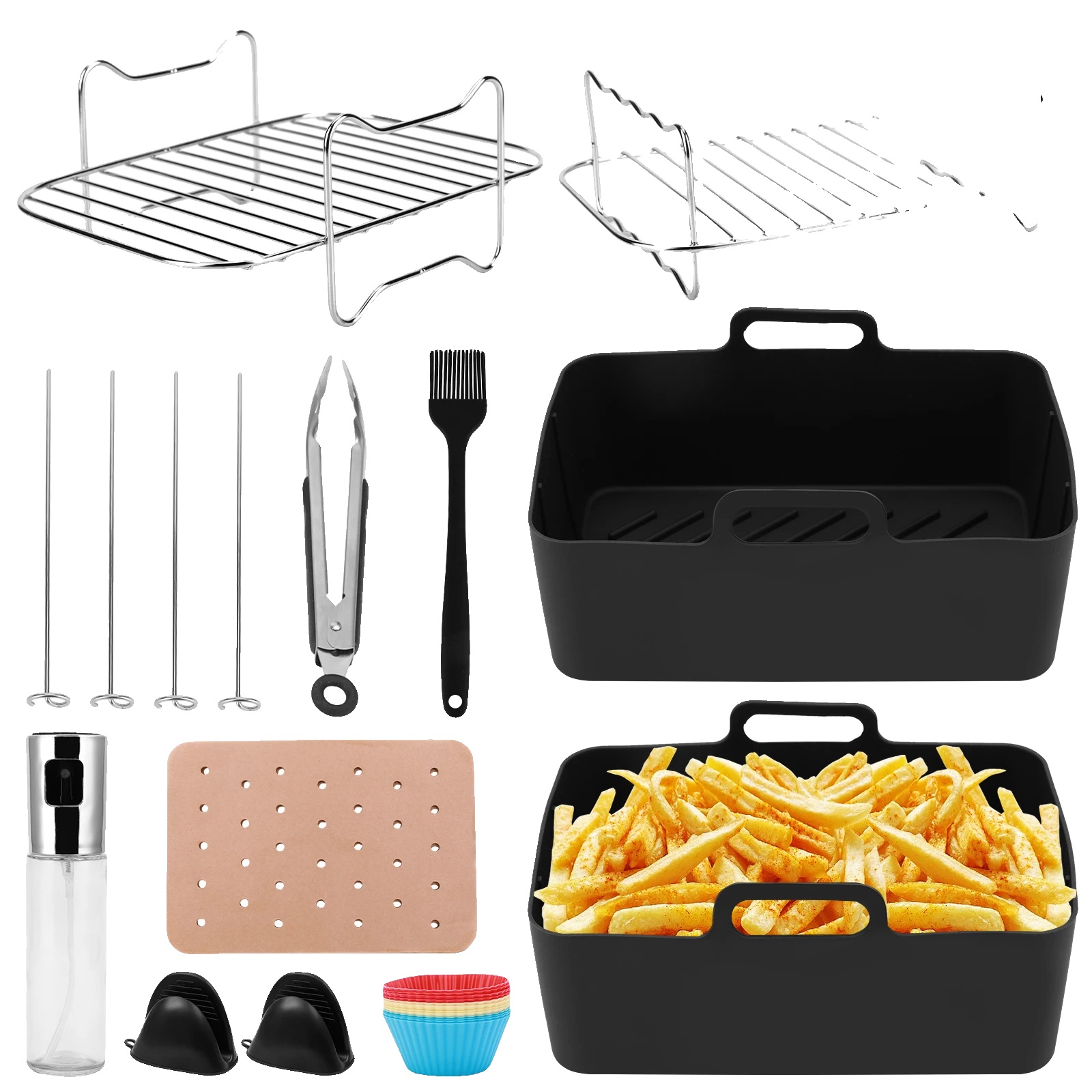 Heißluftfritteusen-zubehörset, 22-teiliges Kit, Langlebige Silikonwerkzeuge, Schwarz
