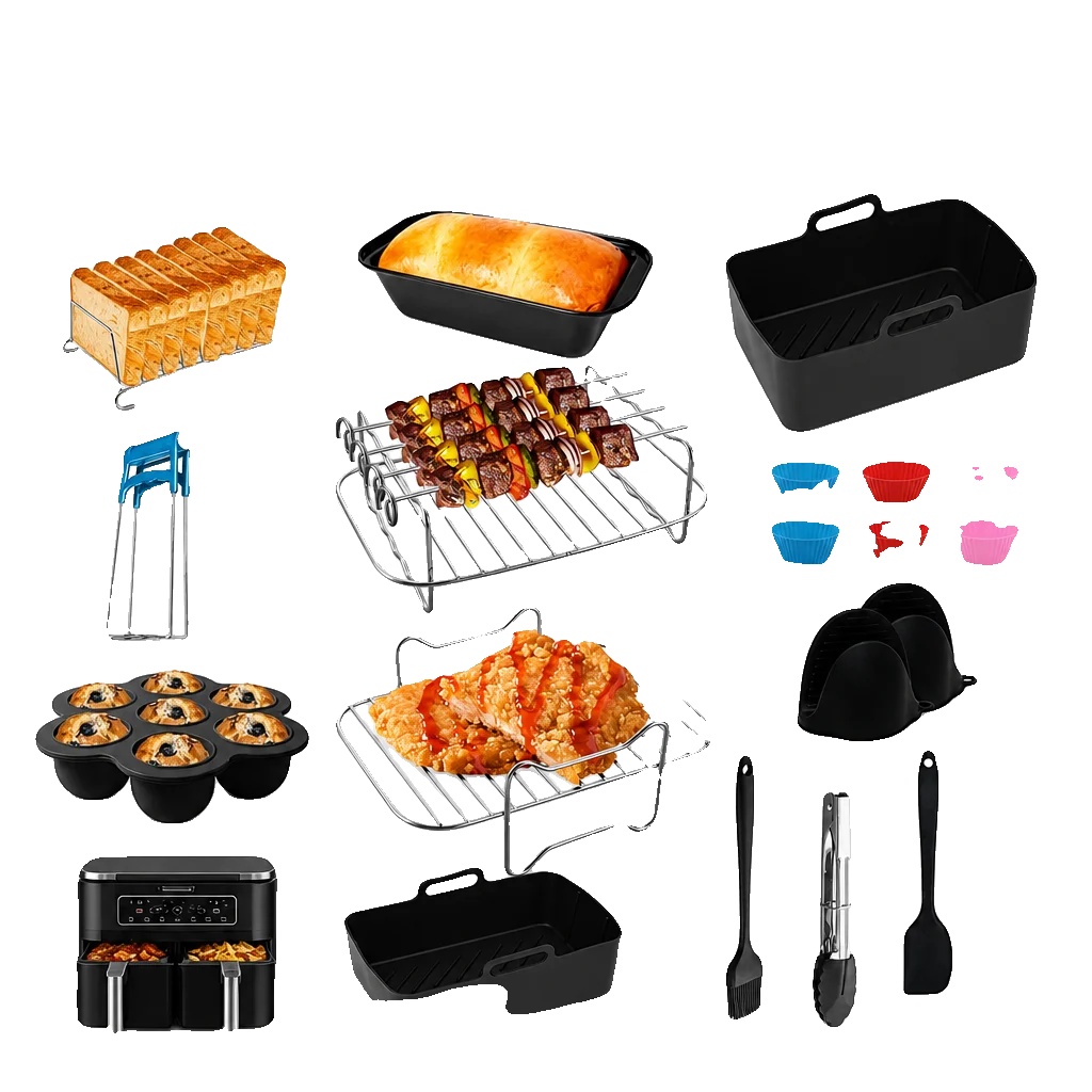 Heißluftfritteusen-zubehörset, Vielseitige Silikonwerkzeuge, Komplettes Kochset, Schwarz