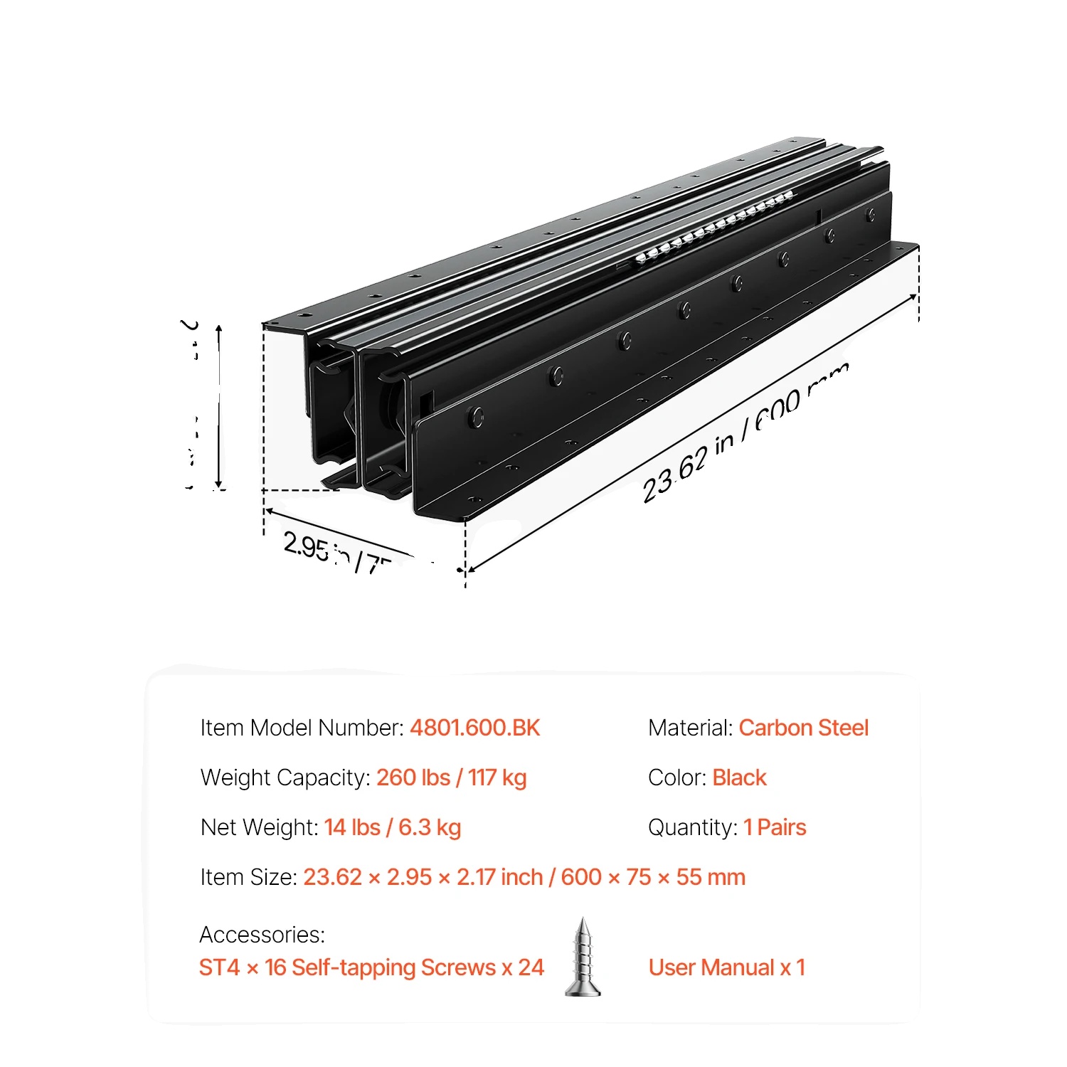 Schubladenschienen, Vollauszug-design, 260 Lbs Tragfähigkeit, 24inch