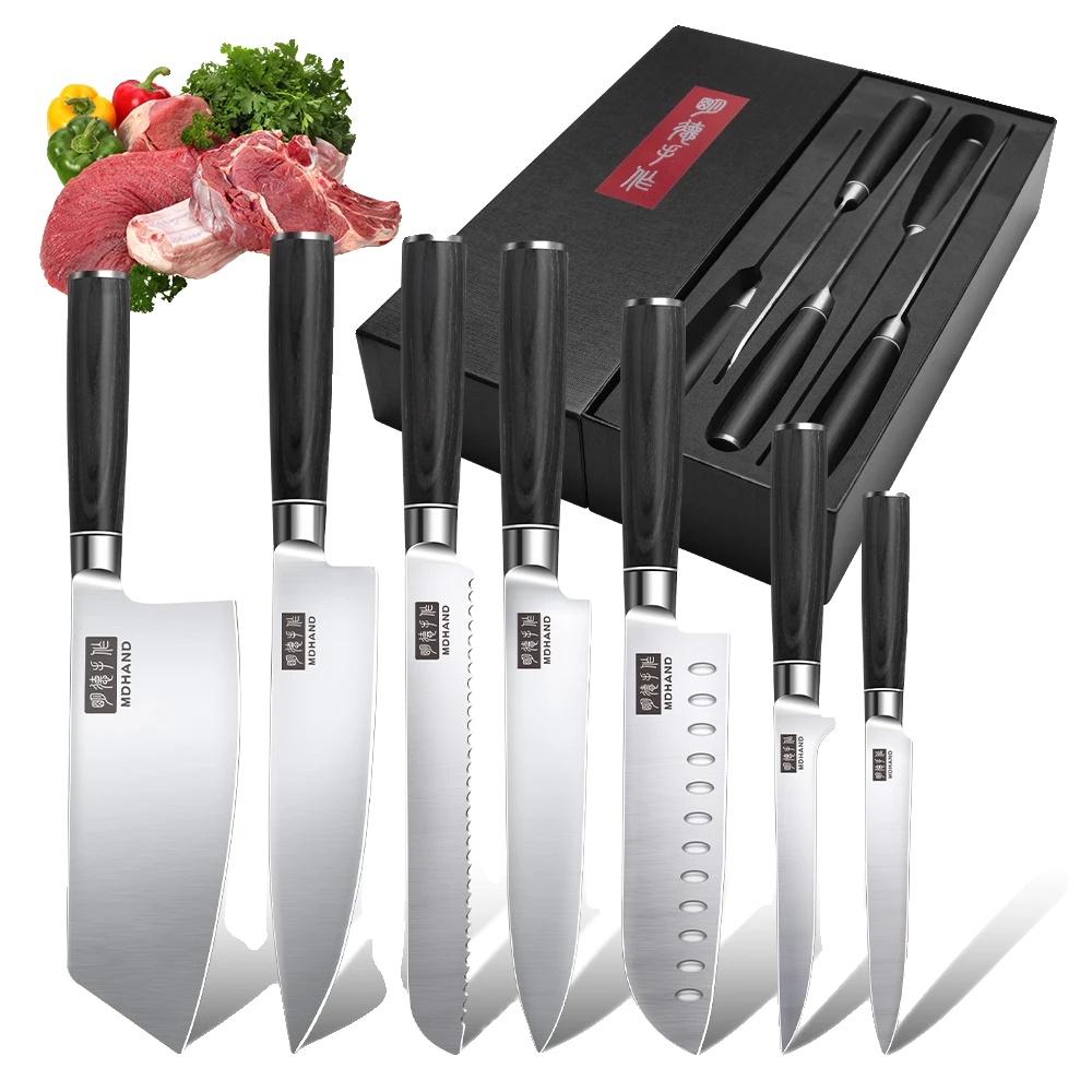 Küchenmesser Set, Edelstahlklingen, Elegante Rosenholzgriffe, Schwarz