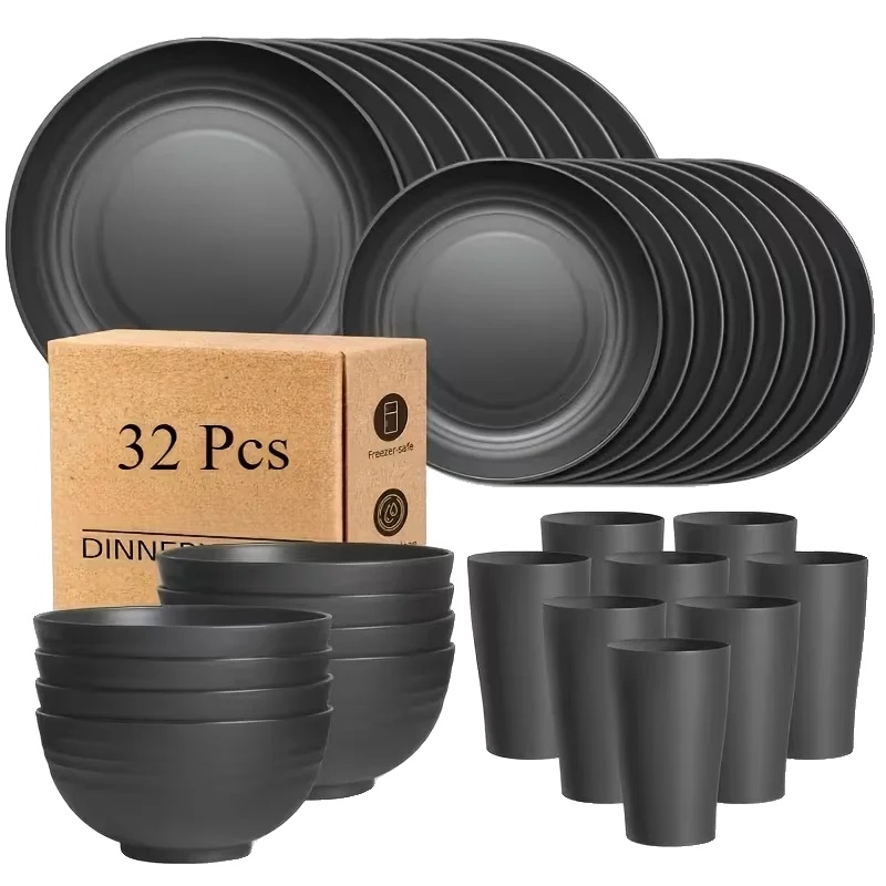 Kunststoffgeschirrset, Essplatten, Schalen, 32pcs-schwarz