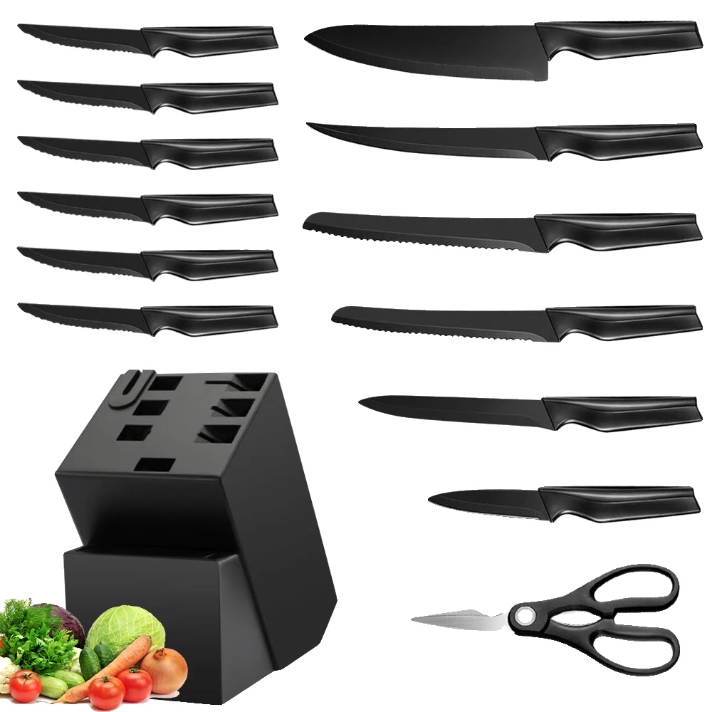Küchenmesser Set, Ergonomische Griffe, Eingebauter Wetzstahl, Schwarz