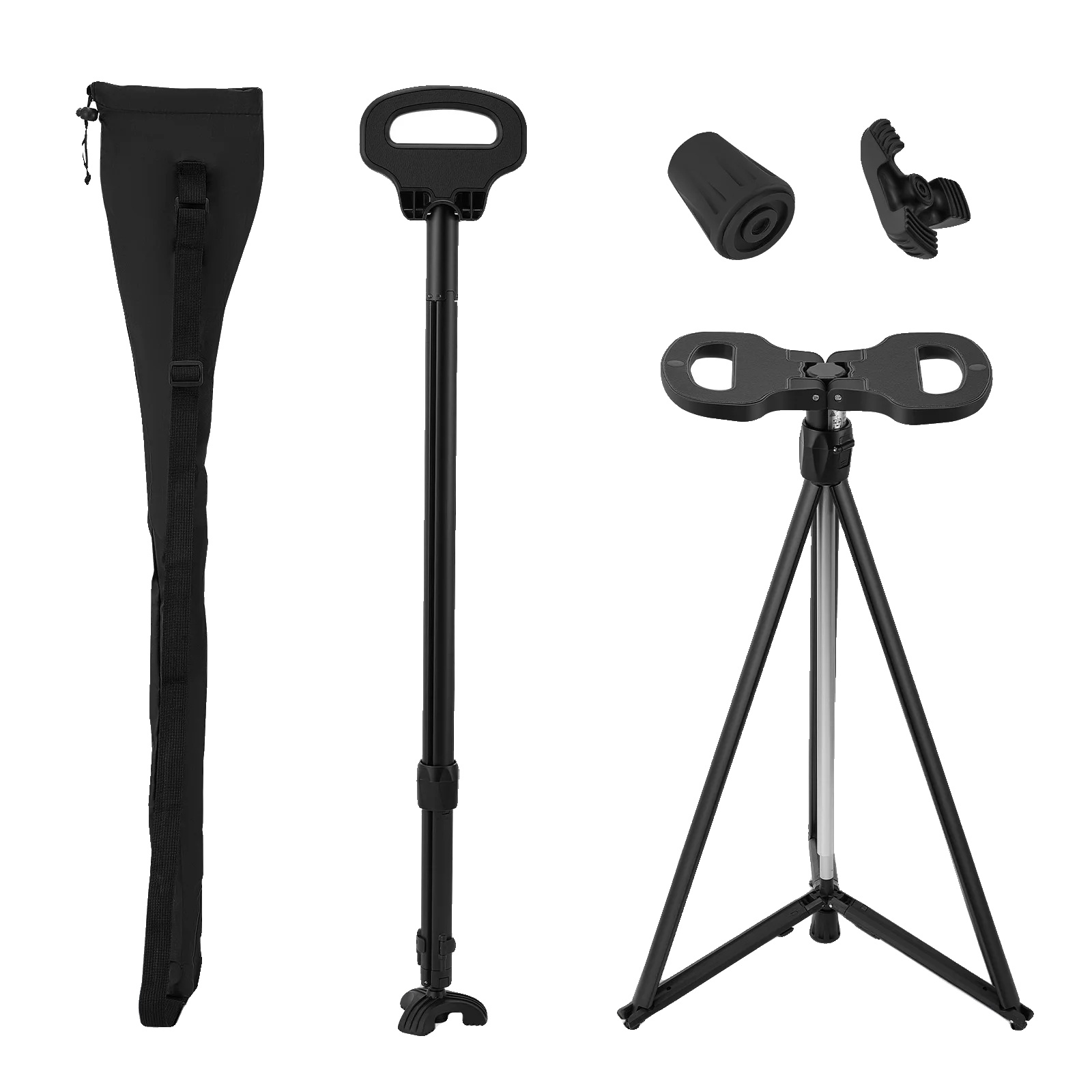 Gehstock, 2-in-1 Hocker, Höhenverstellbar, Schwarz
