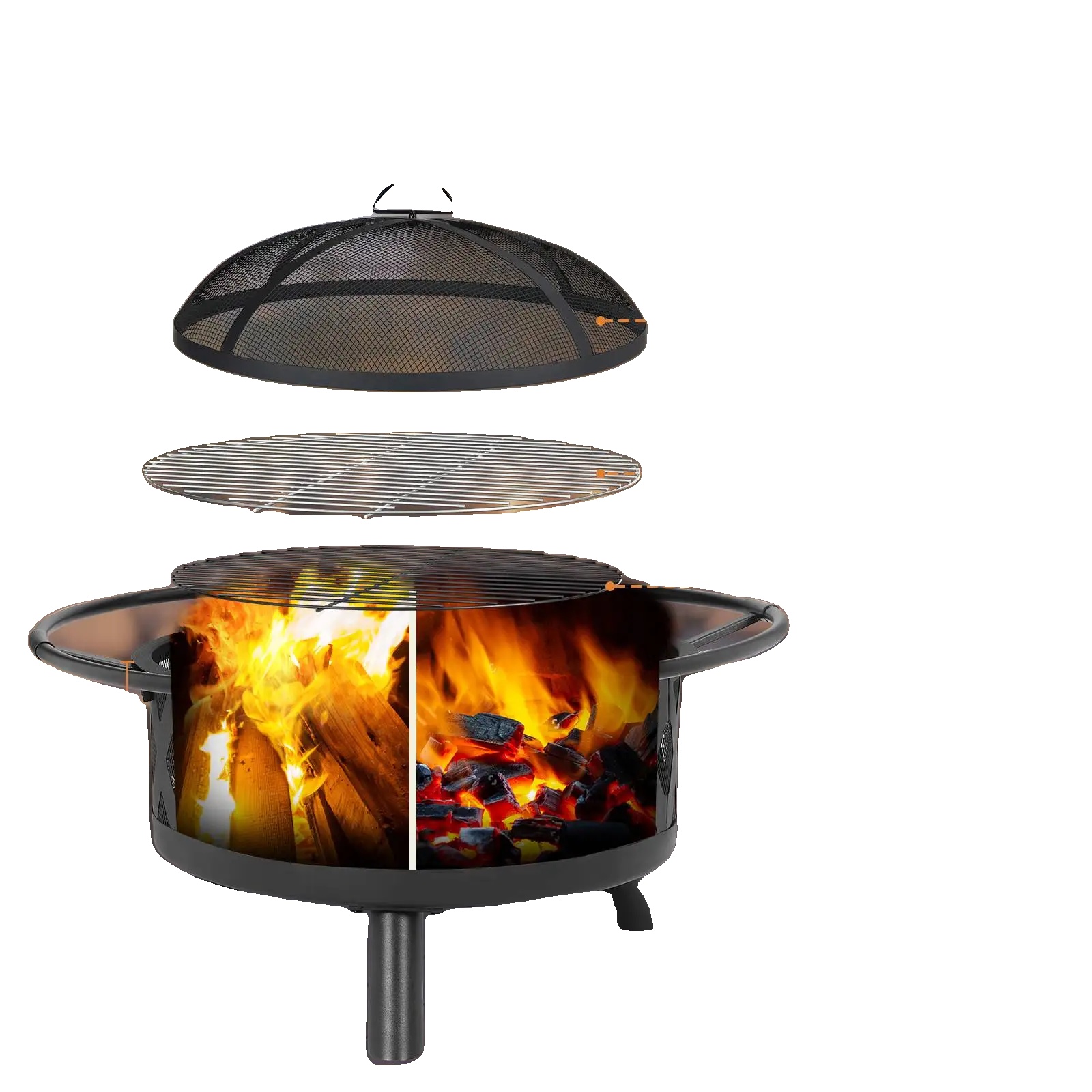 Feuerstelle, Ø81cm Größe, Eisenmaterial, Grillrost Ø58cm, Poker 49cm, Sichere Funkenabwehr, Durchmesser 76cm
