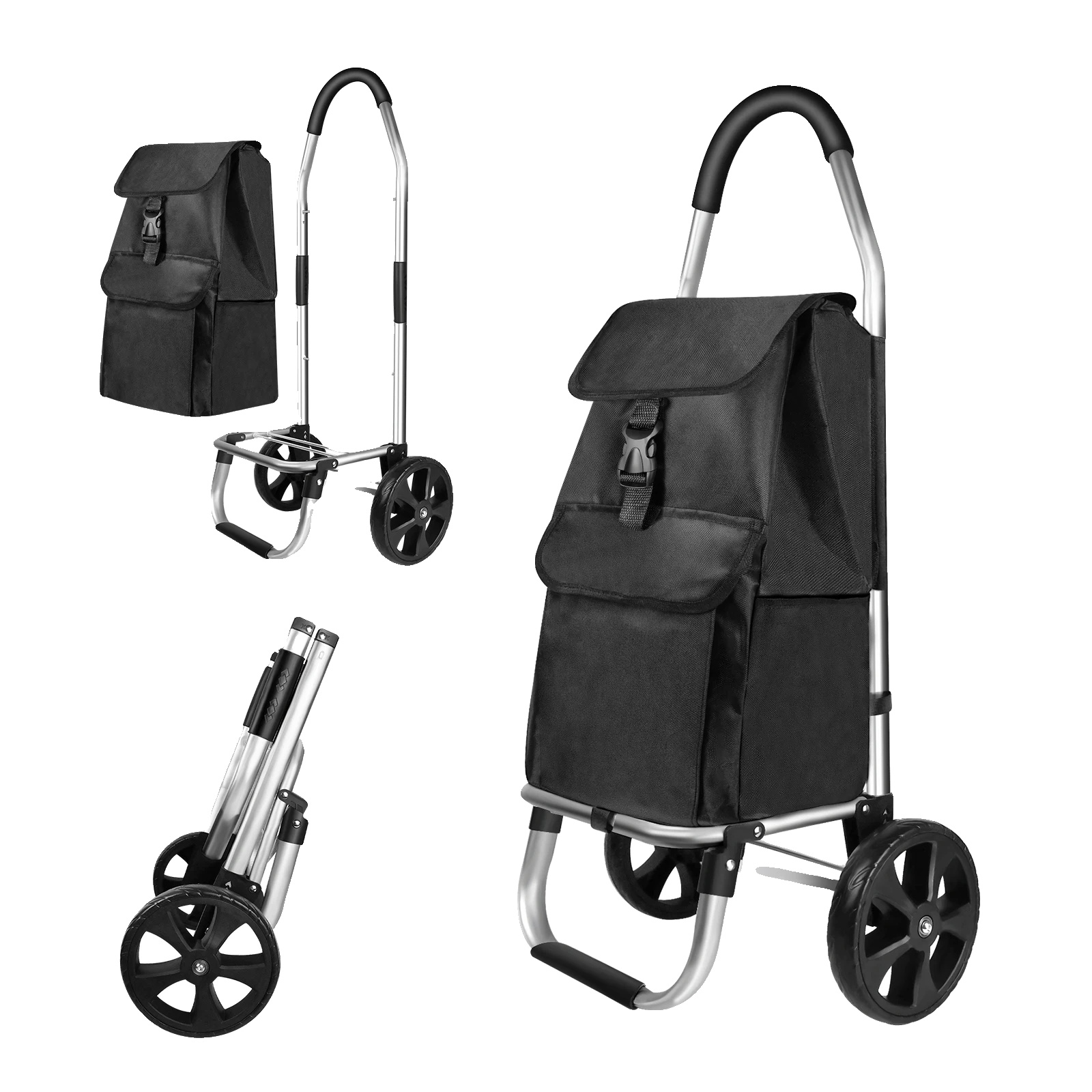 Faltbarer Einkaufstrolley, Abnehmbarer Stauraum, Ergonomisches Design, Schwarz