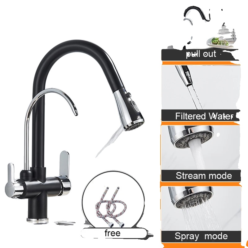 Küchenarmatur, Dual-handle-design, Ausziehbare Sprühfunktion, Schwarzes Chrom