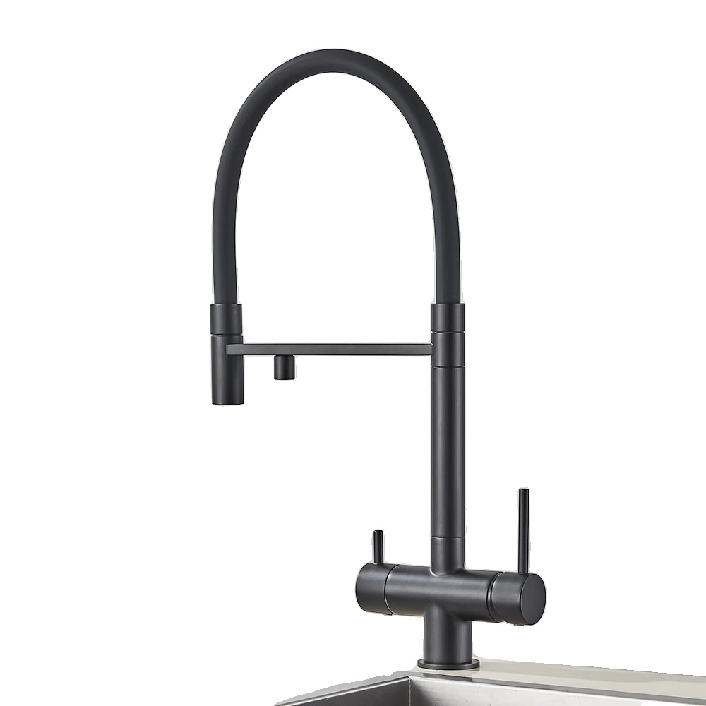 Flexible Küchenarmatur Mit Ausziehbarer Funktion, Doppelte Wasserfunktionalität, Elegante Messingoberfläche., Matte Schwarz