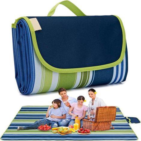 Wasserdichte Picknickdecke – Geeignet Für Draußen, Strand, Drinnen Usw. – 1 Stück, Dunkelblaue Streifen / 195 X 200 Cm