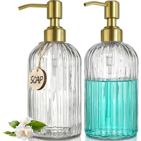 2-teiliger Seifenspender Aus Glas – 400 Ml Mit Goldener Pumpe – Bambusschale, Trichter Und 18 Aufkleber – Transparenter Spender – Geeignet Für Küche Und Bad