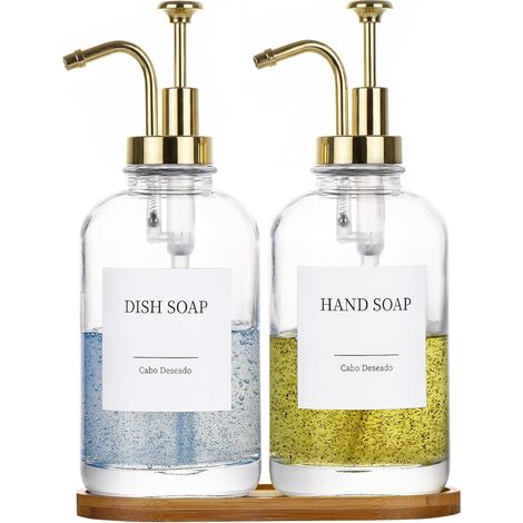 2-teiliger Seifenspender Aus Glas – 500 Ml Mit Goldener Pumpe – Bambusschale, Trichter Und 18 Aufkleber – Transparenter Spender – Geeignet Für Küche Und Bad