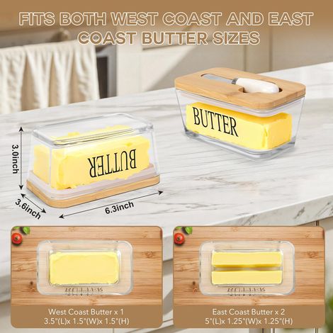 Große Butterdose Mit Deckel Für Die Arbeitsplatte, Butterdose Aus Glas Mit Messer, Robuste Butterdose Mit Bambusdeckel Für Westküsten- Oder Ostküstenbutter Für Den Kühlschrank, Dekoration