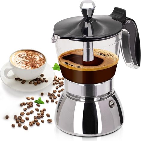 Italienische Moka-kaffeemaschine 200 Ml Aus Transparentem Kunststoff Mit Edelstahlteilen - 4 Tassen, Klassische Italienische Espressomaschine, Ideal Für Zuhause, Camping Und Reisen.