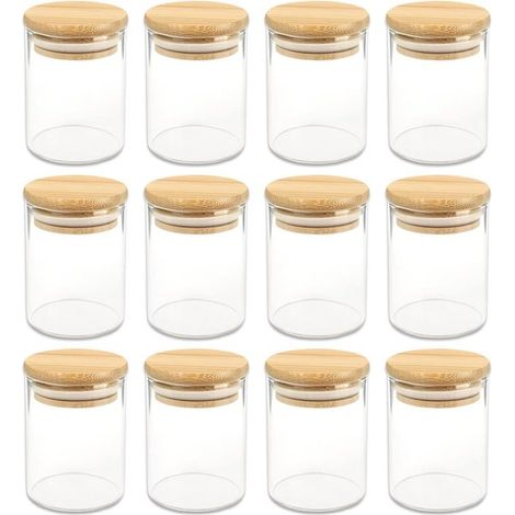 Runde Gewürzgläser, 120 Ml (7,5 X 5,5 Cm), Mit Bambusdeckeln Und Etiketten. Erhältlich Im Set Mit 6, 12 Oder 24 Gläsern. Menge: 12 Gläser.