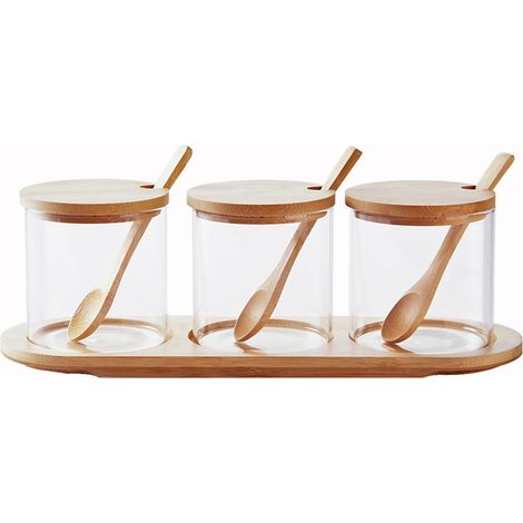 Set Aus 3 Durchsichtigen Glasvorratsgläsern Mit Holzfuß / Luftdichten Gläsern Mit Bambusdeckeln Und Löffeln. Durchsichtige Glasvorratsgläser. Luftdichte Gläser Für Blumen.