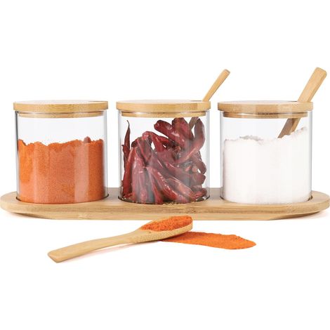 Set Aus 3 X 300-ml-glasbehältern Für Gewürze, Zucker, Zink – Bambustücher Und Löffel