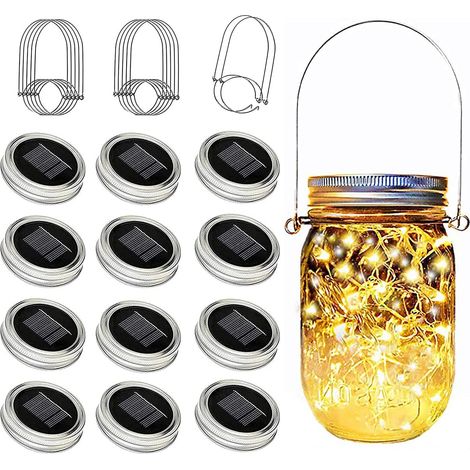 Set Mit 12 Solarleuchten Für Einmachglasdeckel – 20 Leds – Wasserdicht – Mit Aufhängehaken – Stimmungsbeleuchtung Für Den Außenbereich, Gläser Nicht Enthalten