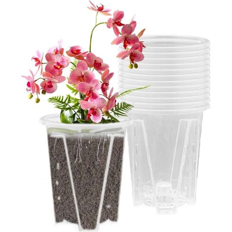 Set Mit 12 Transparenten Orchideentöpfen, 12 Cm – Mit Abflusslöchern – Aus Robustem Kunststoff Für Optimale Photosynthese – Leicht Zu Reinigen
