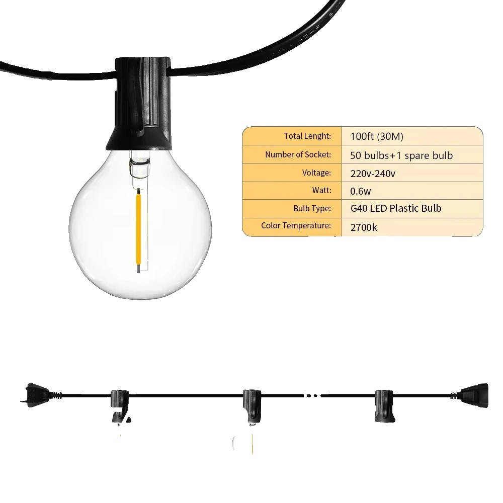 Outdoor G40 Gartenlichterkette, 2700k Warmweiß, Kunststofflampen, Wasserdicht, 100ft 30m, Eu-stecker