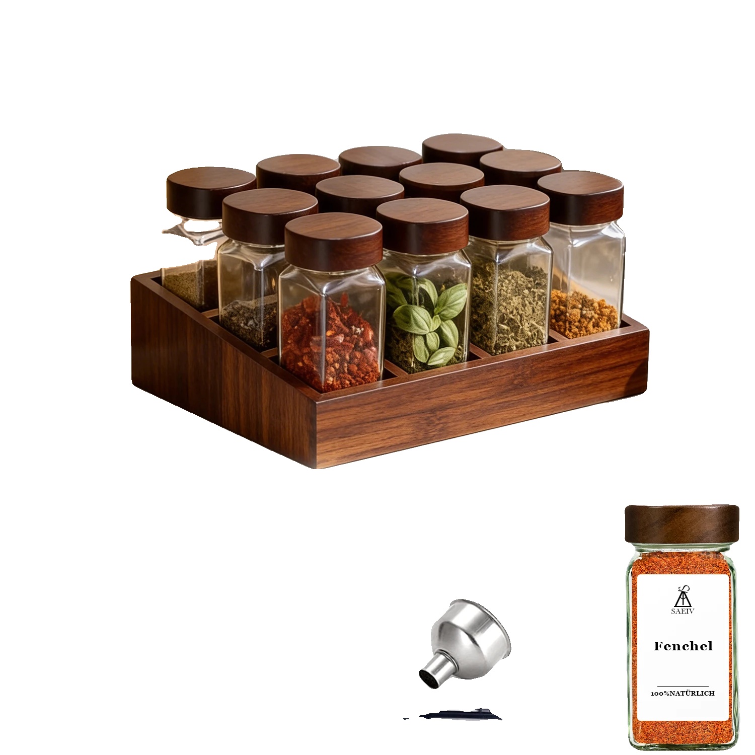 Gewürzglas-set, Luftdichte Glasbehälter, Holzregal, Xy178