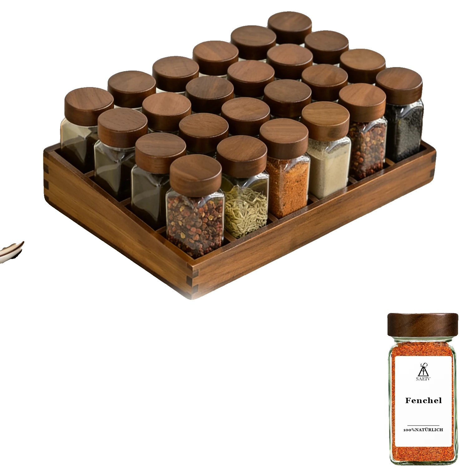 Gewürzglas-set, Luftdichte Glasbehälter, Holzregal, Xy179