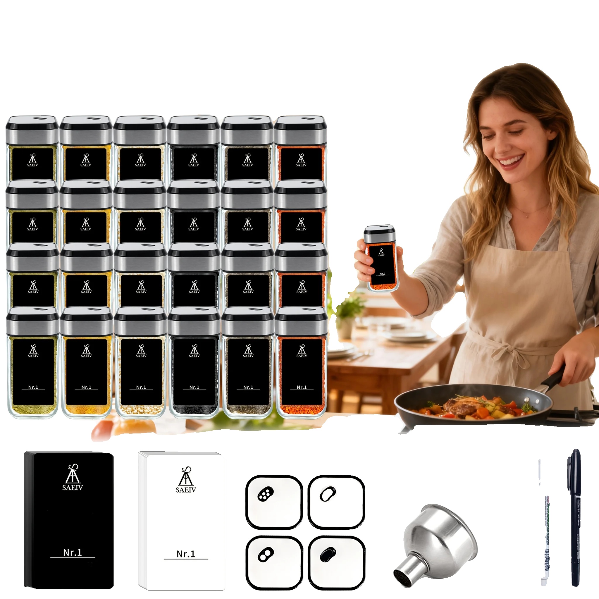 Gewürzglas-set, Luftdichte Aufbewahrung, Verstellbare Dosierung, 24 Stk