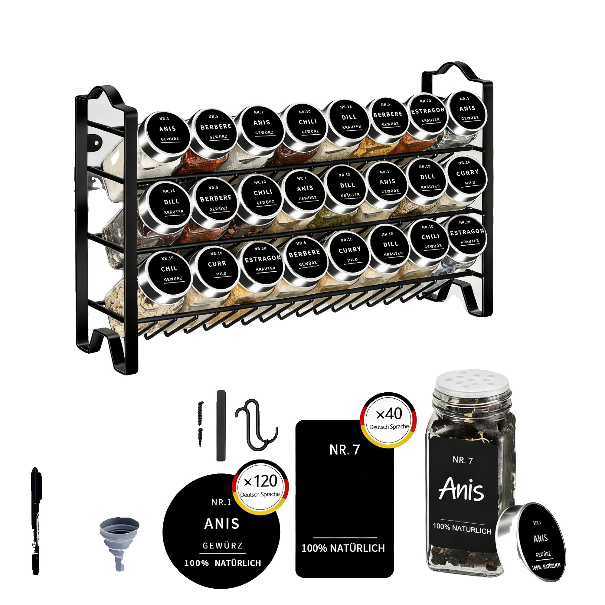 Gewürzgläser Set, Luftdicht, 24 Gläser, 24 Gewürzgläser Set