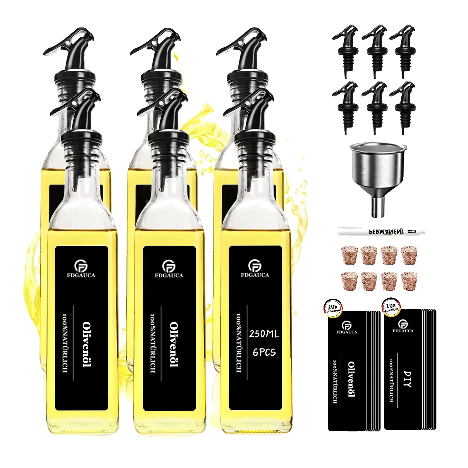 Ölspender-set, Hochtransparentes Glas, Tropffreies Ausgießen, 6x250ml