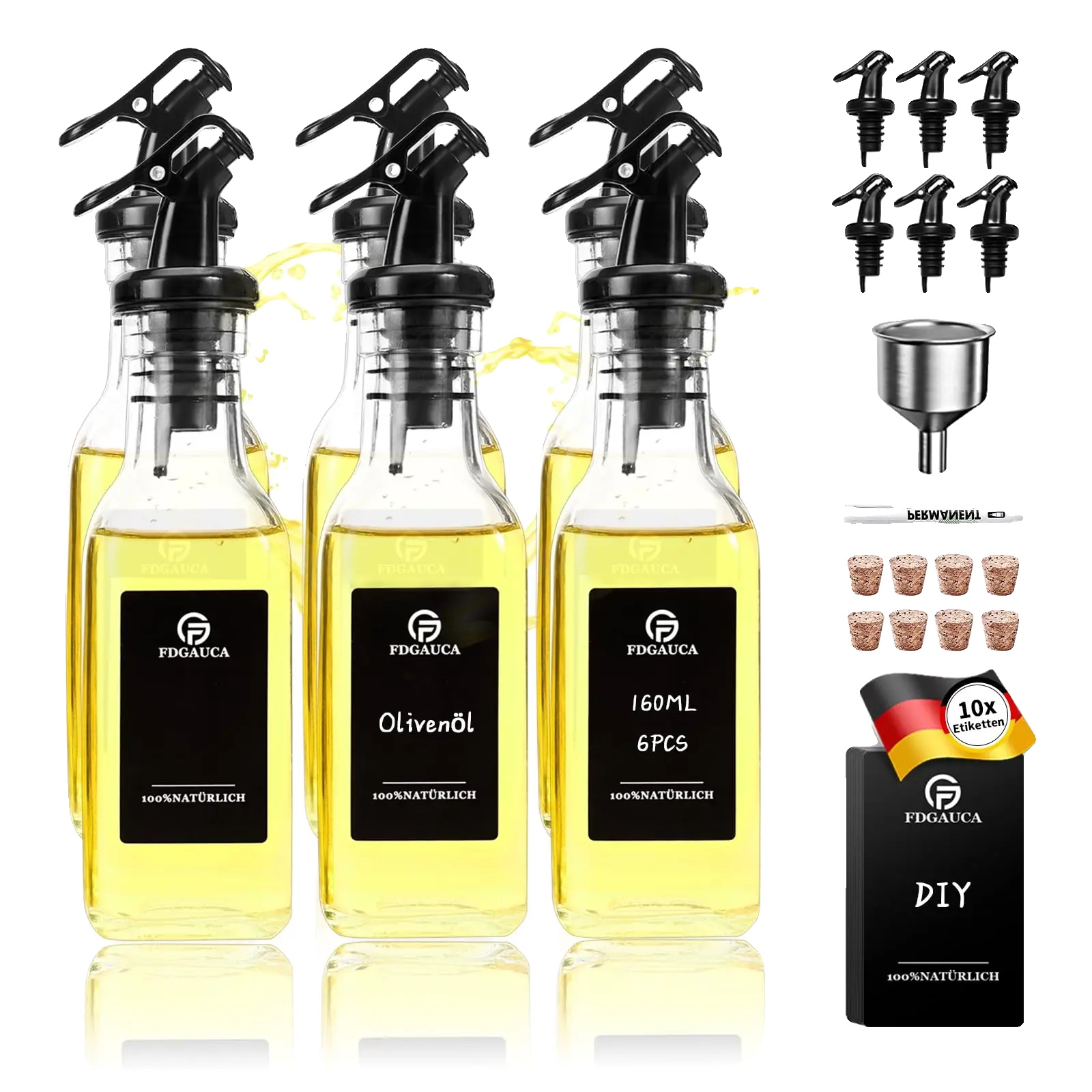 Ölspender-set, Hochtransparentes Glas, Tropffreies Ausgießen, 6x160ml