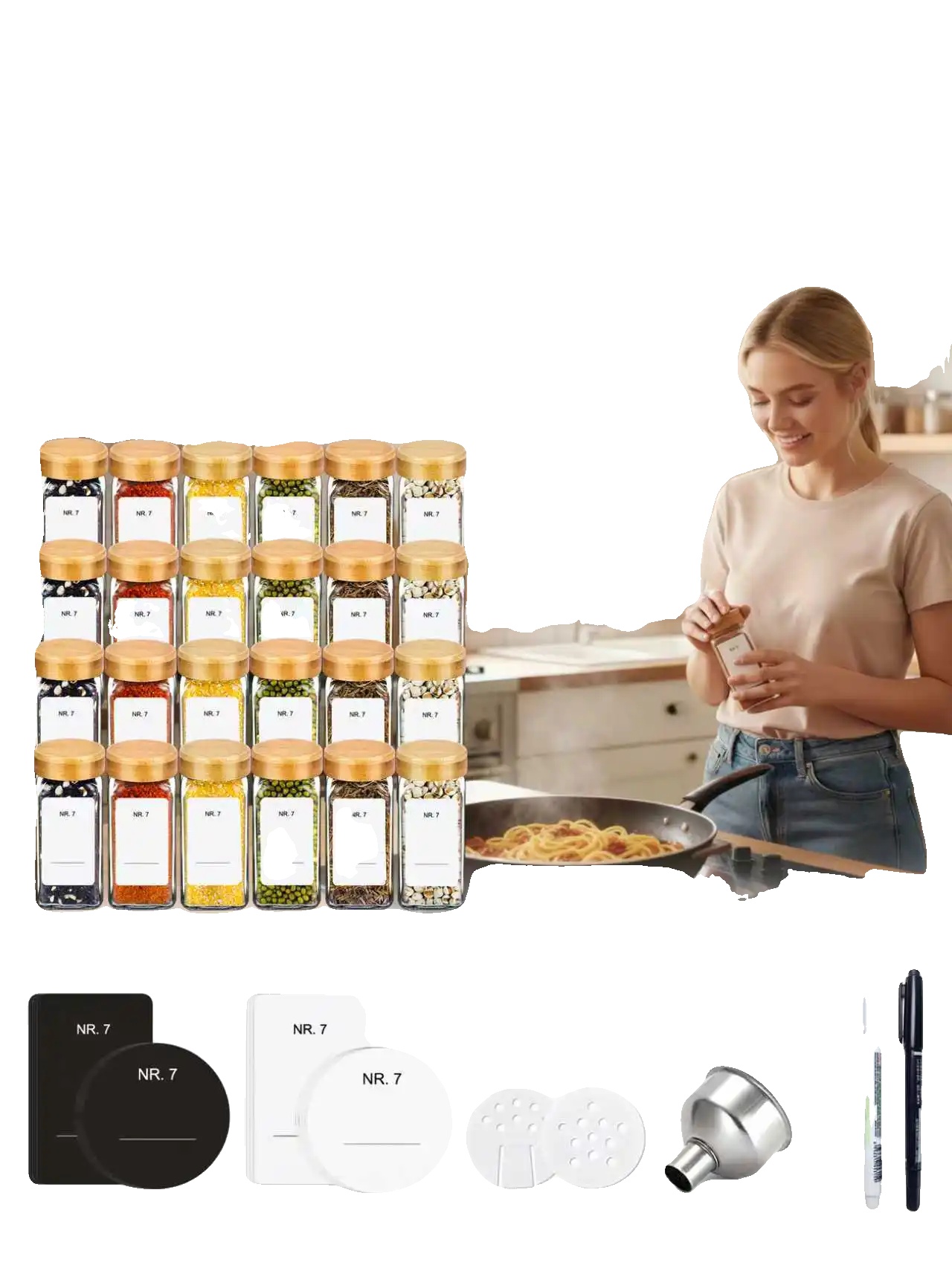 Gewürzgläser Set, Luftdichte Glasbehälter, Bambusdeckel, 24pcs