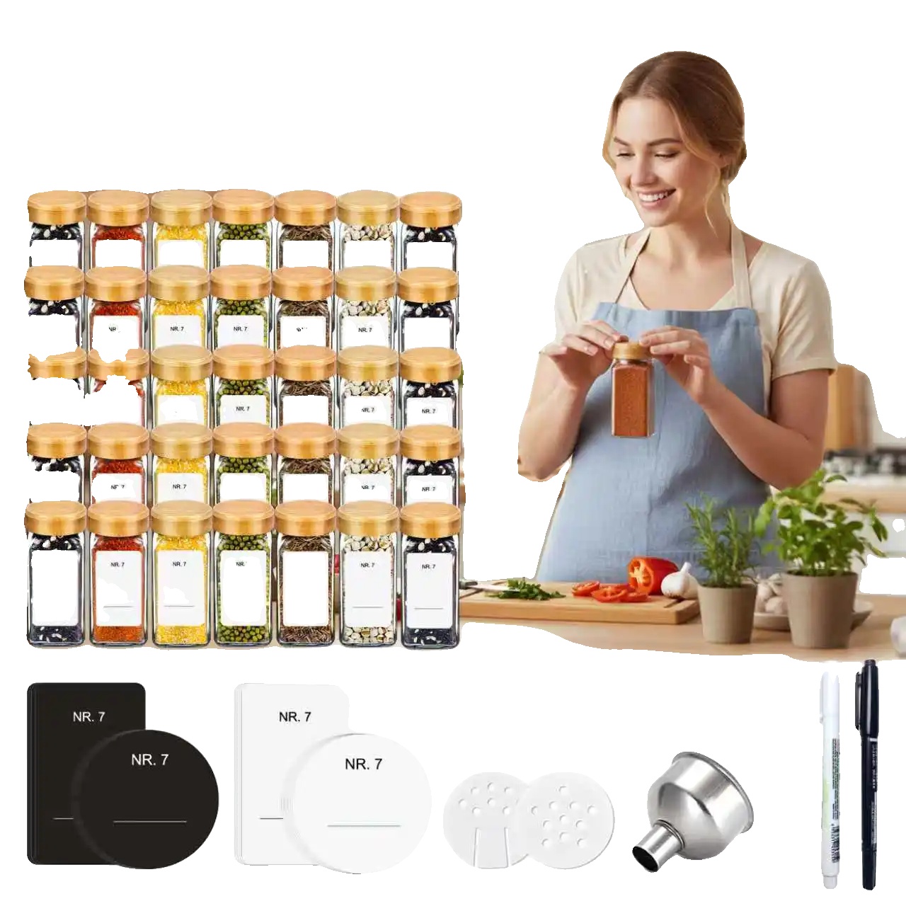 Gewürzgläser Set, Luftdichte Glasbehälter, Bambusdeckel, 35pcs
