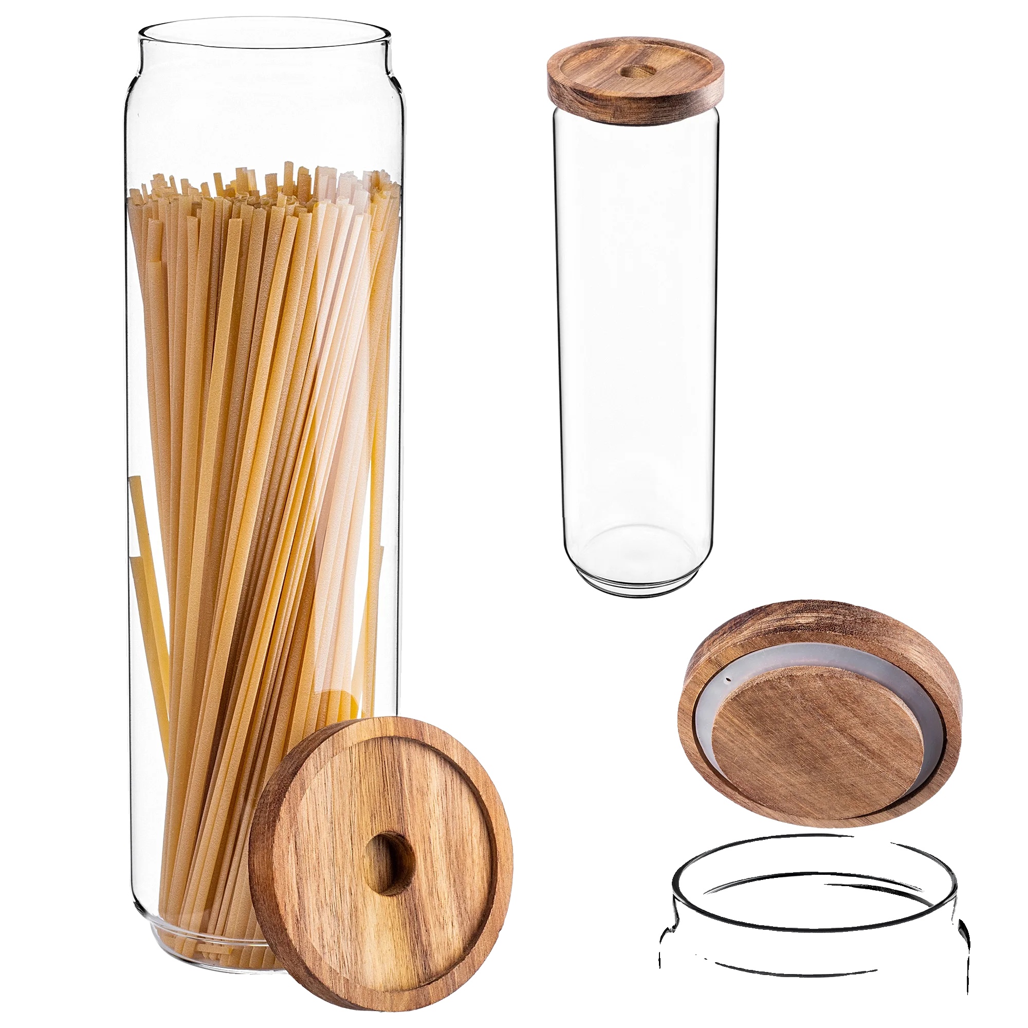 Lebensmittelbehälter, Borosilikatglas, 1550 Ml Fassungsvermögen, 25 Cm Höhe, 10 Cm Durchmesser, Holzdeckel Mit Silikondichtung