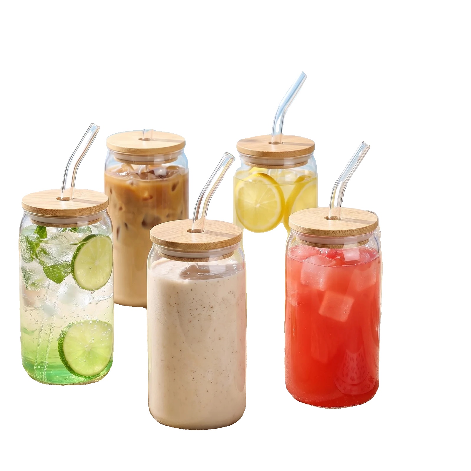 Glasbecher, Bambusdeckel, Reinigungsbürste Enthalten, 6stück, 401-500ml-a
