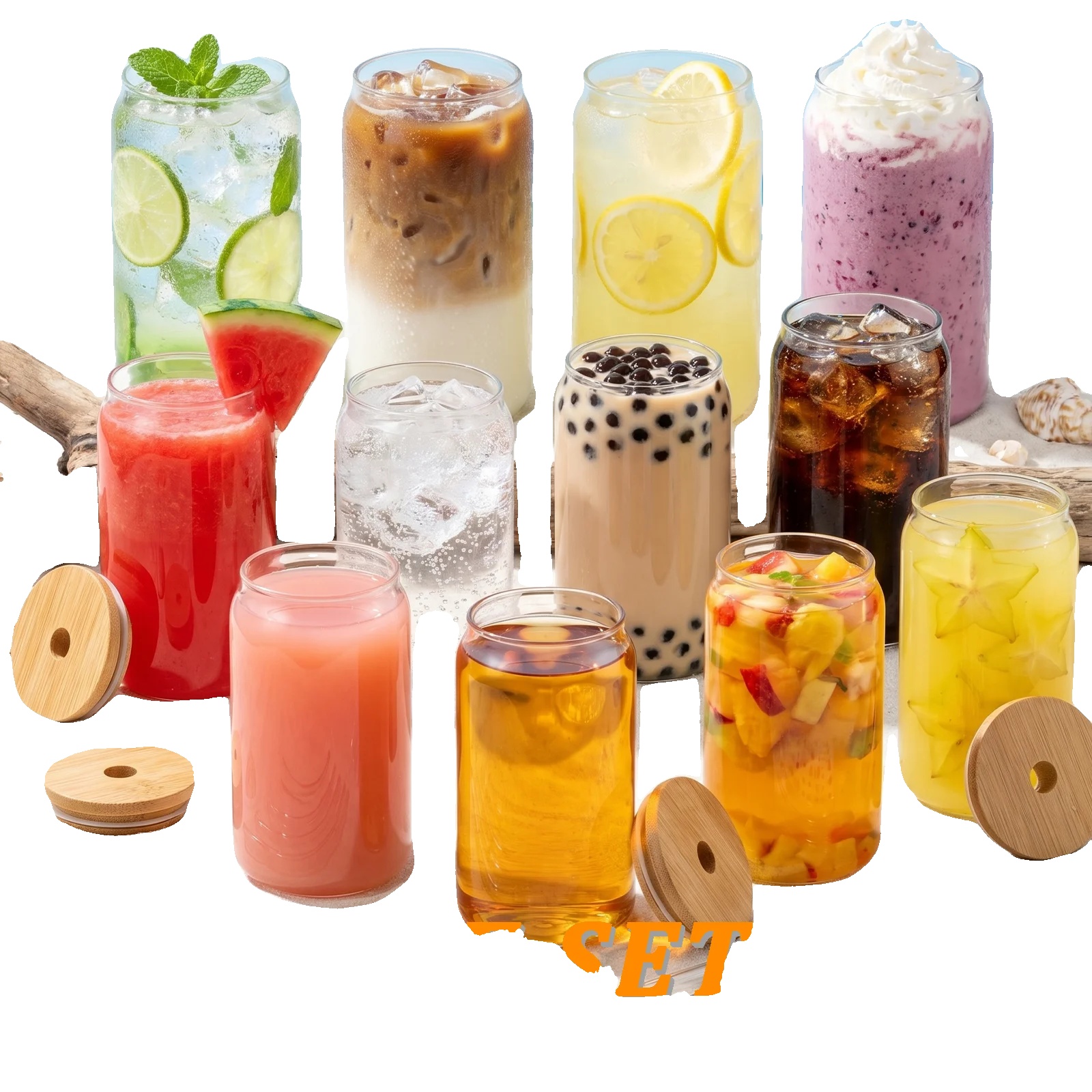 Glasbecher, Bambusdeckel, Reinigungsbürste Enthalten, 12stück, 401-500ml-b