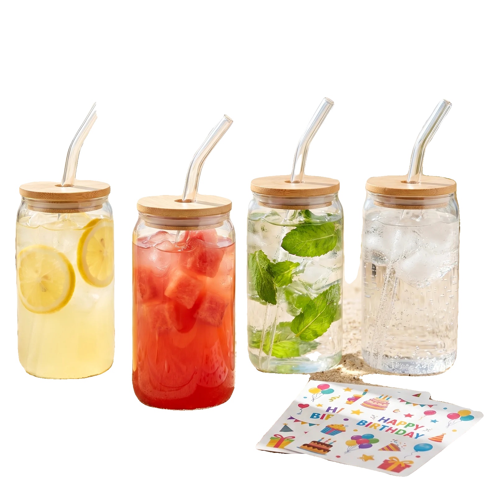 Glasbecher, Bambusdeckel, Reinigungsbürste Enthalten, 4stück, 401-500ml