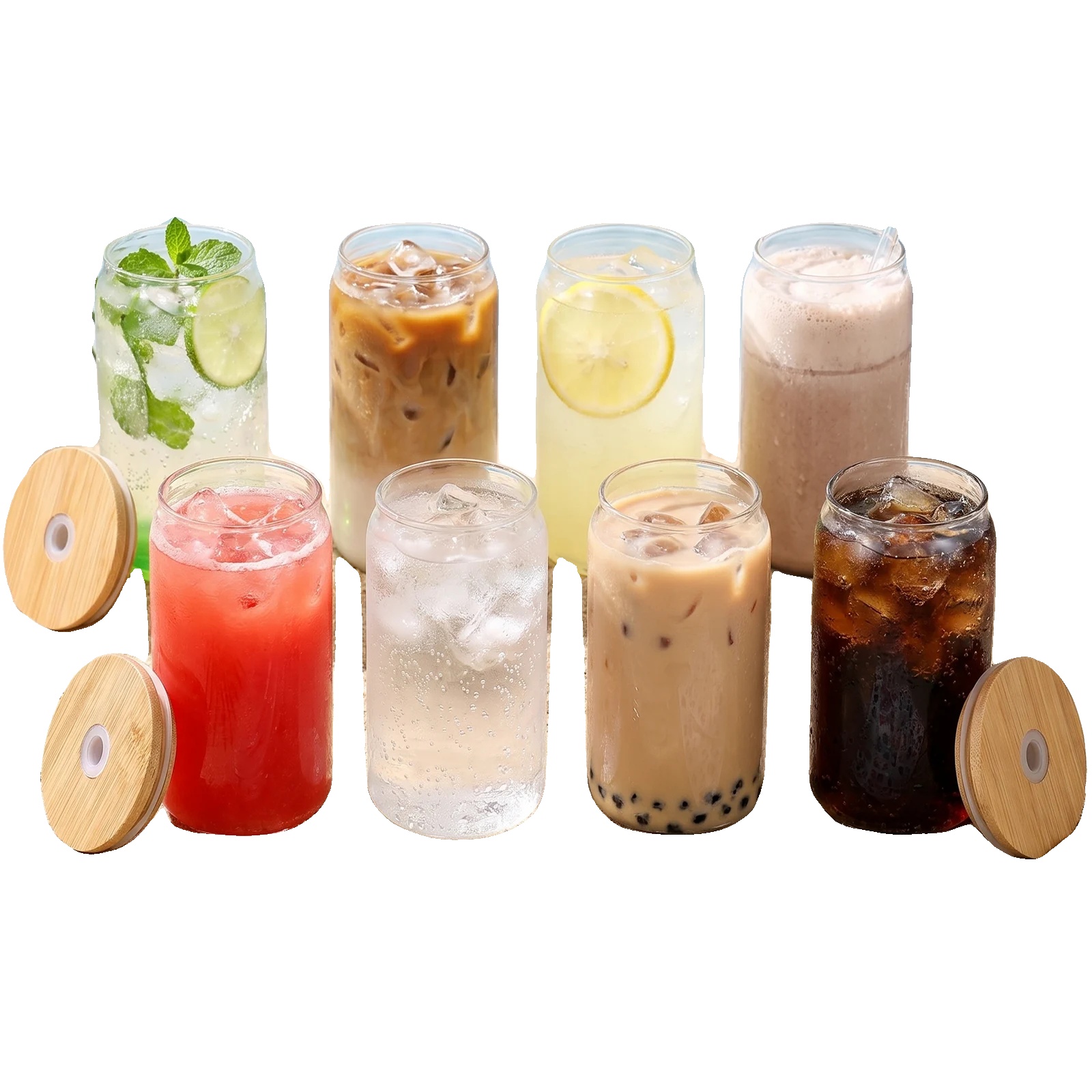 Glasbecher, Bambusdeckel, Reinigungsbürste Enthalten, 8stück, 401-500ml-c
