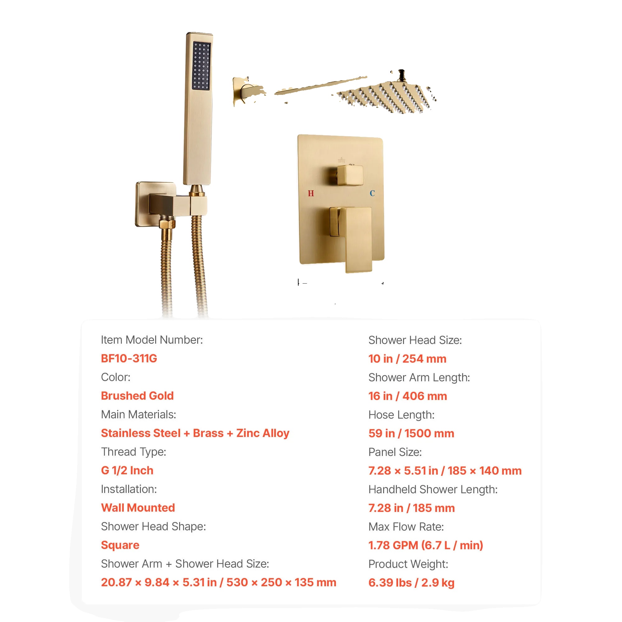 Duscharmatur Set, Hochdrucksystem, Verstellbare Handbrause, Gold Quadrat 10in