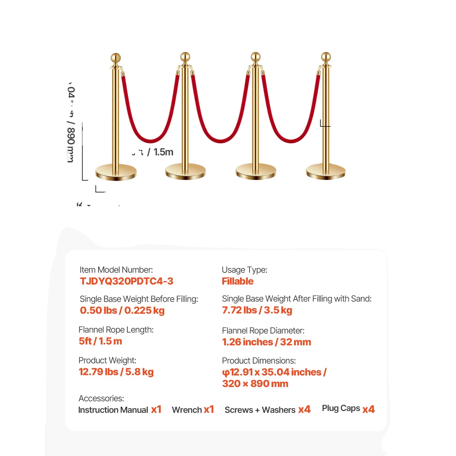 Absperrpfosten, Füllbarer Sockel, Strapazierfähige Samtseile, Gold 4 Pack 3 Seile