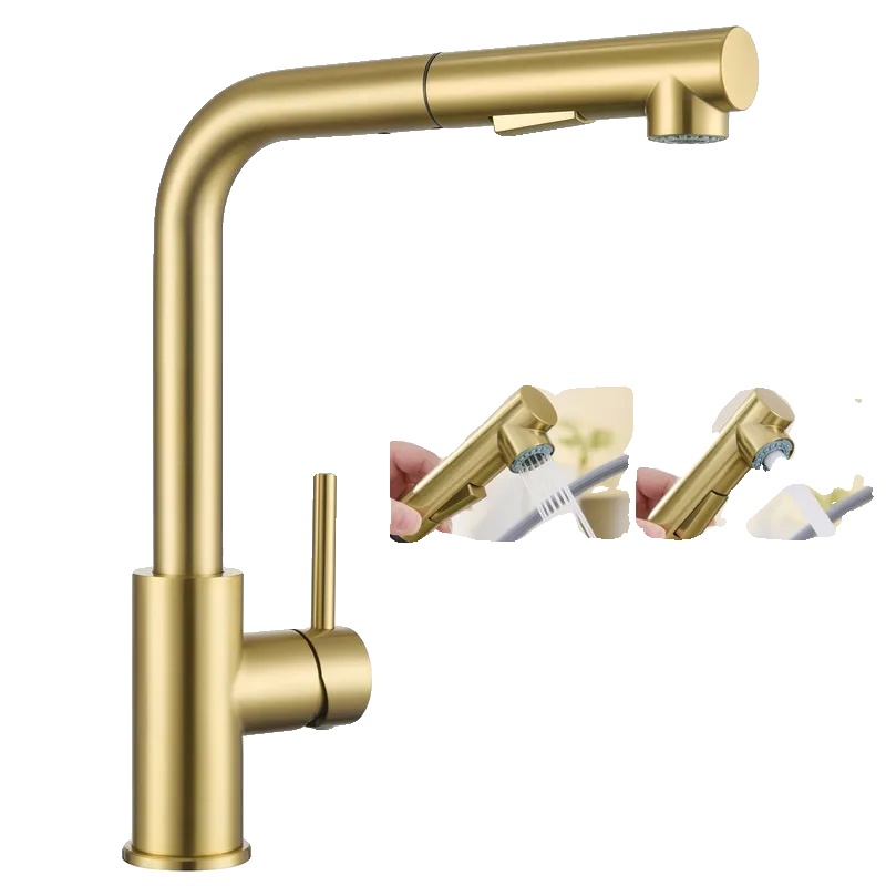 Ausziehbare Küchenarmatur, 360° Schwenkbar, Dualer Wasserfluss, Gold, G3/8