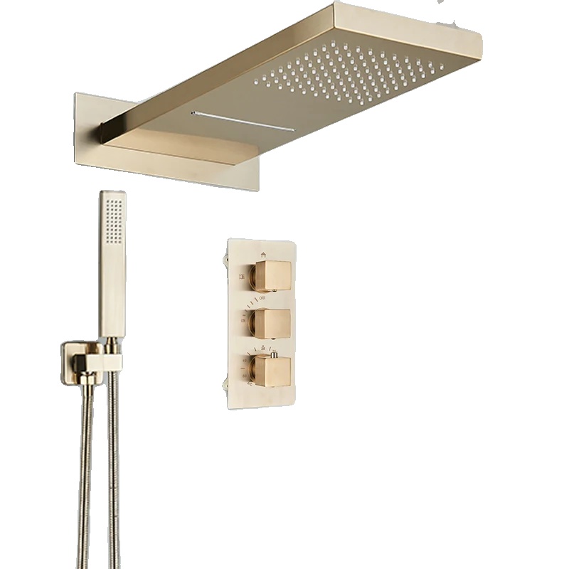 Duscharmatur Set, Thermostatmischer, Wandmontage-design, Gebürstetes Gold A