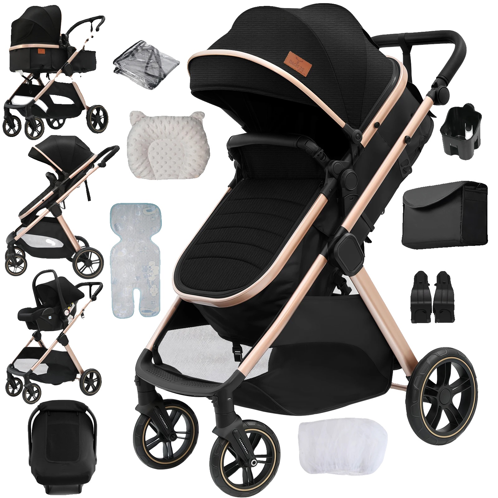 Babywagen, Leichtes Gestell, Umwandelbarer Autositz, V10-blackgold