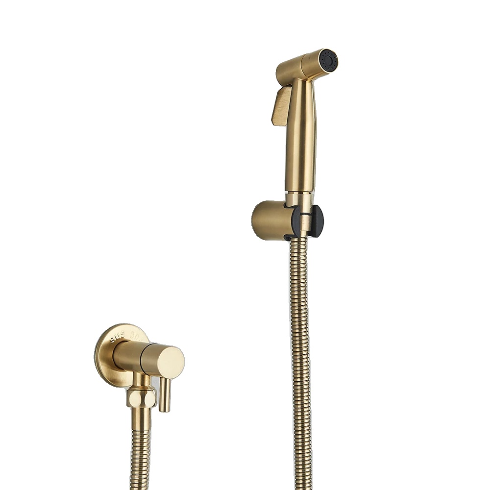 Toiletten-bidet-sprühgerät, Wandmontage, Edelstahl-schlauch, Gebürstetes Gold