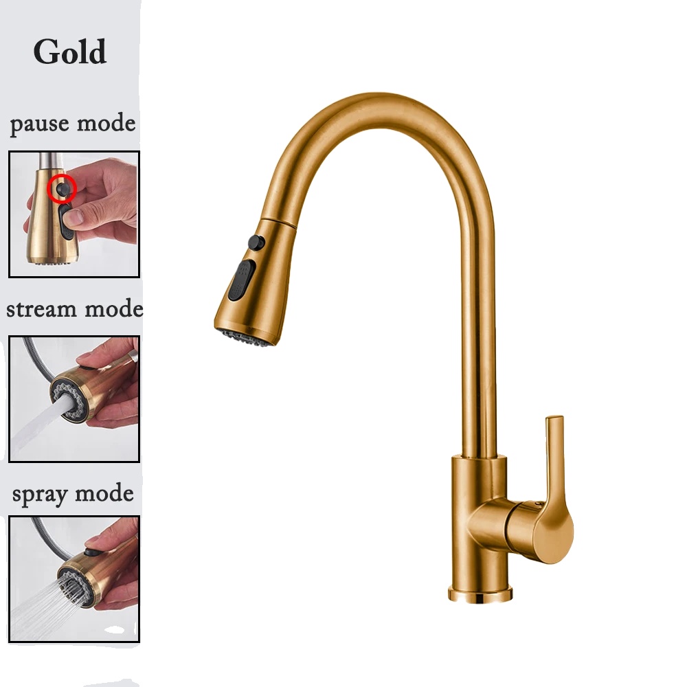 Küchenarmatur, Ausziehbare Sprühfunktion, Doppelgriff, Cf04043-gold