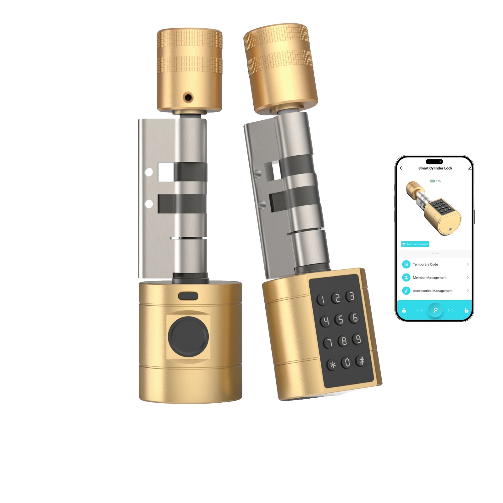 Smart Lock Zylinder, Aluminiumlegierung, Türdicke 35mm-70mm, Bluetooth-konnektivität, Mehrere Entsperrmethoden, Type-c Notstromversorgung