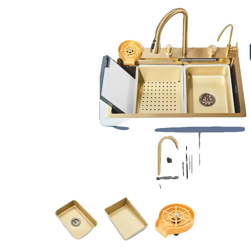 Küchenspüle, Ausziehbarer Schlauchsprayer, Modernes Design, Gebürstetes Gold Q