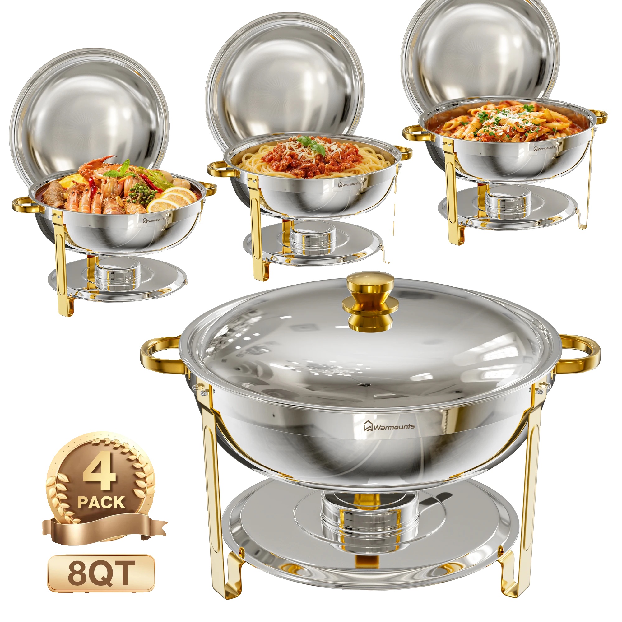 Chafing Dishes, Edelstahlkonstruktion, Elegantes Halb-goldenes Finish, 4 Pack