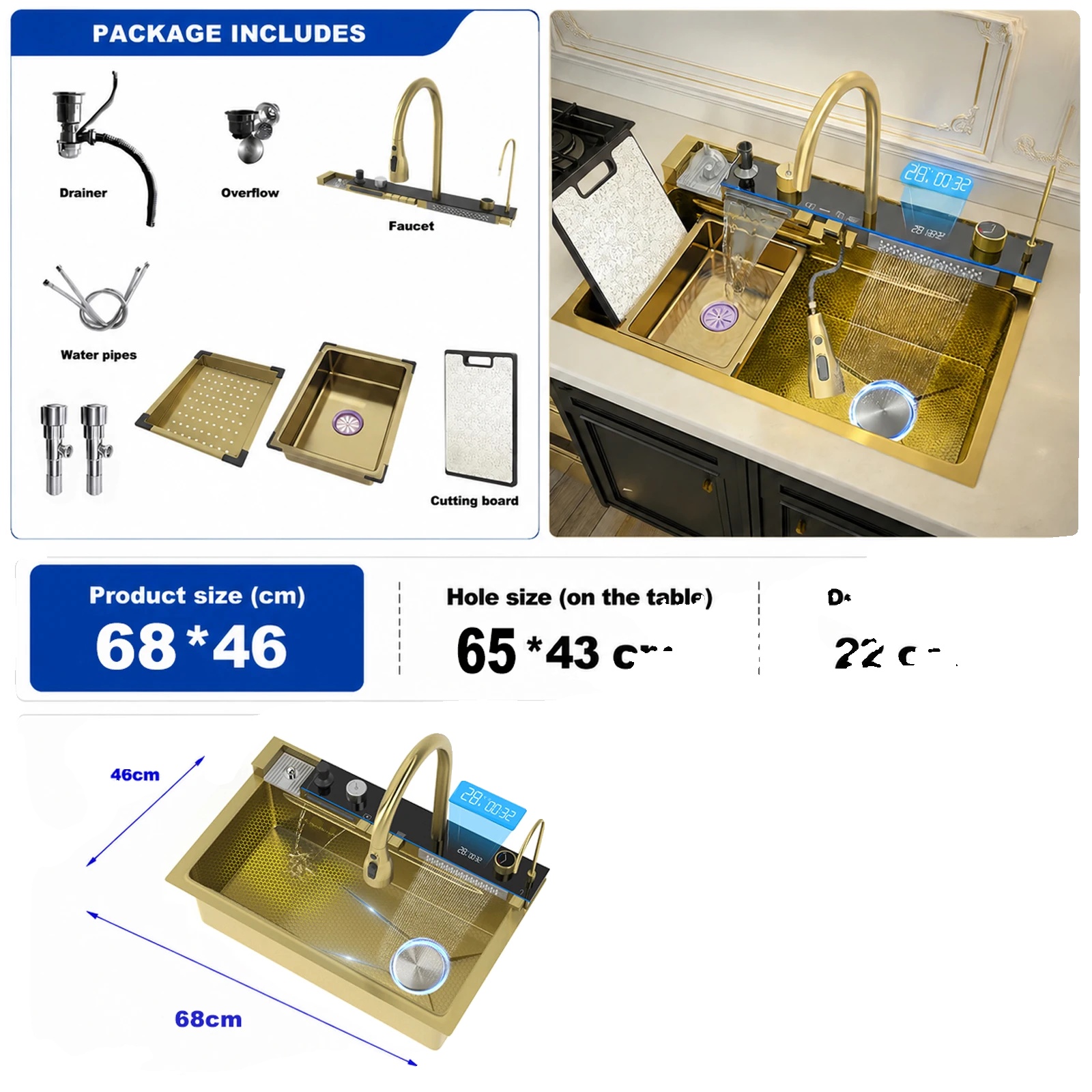 Küchenspüle, Edelstahl, Einzelbecken, Fm-6846cm-gold-rechts