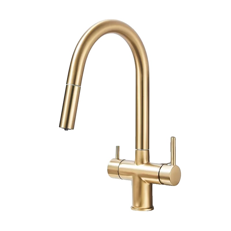 Küchenarmatur, Ausziehbare Sprühfunktion, Doppelgriff-design, Gebürstetes Gold