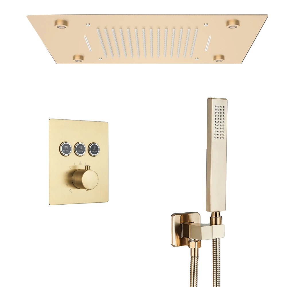 Duschsystem, Fernbedienung Led, Thermostat Temperaturregelung, Bürstetes Gold Led A