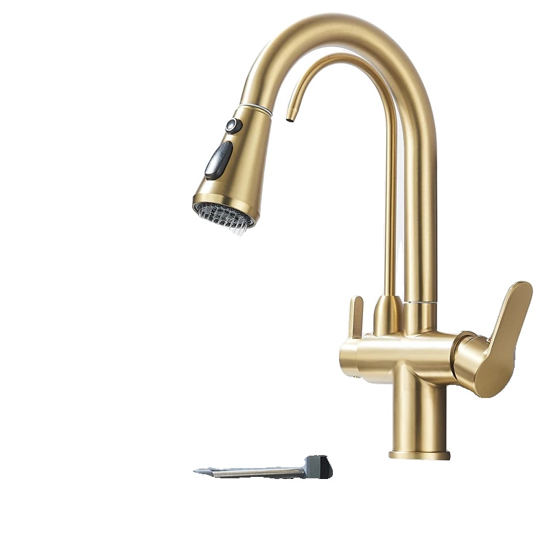 Küchenarmatur, 360-grad-drehung, Dual-handle-steuerung, Gebürstetes Gold